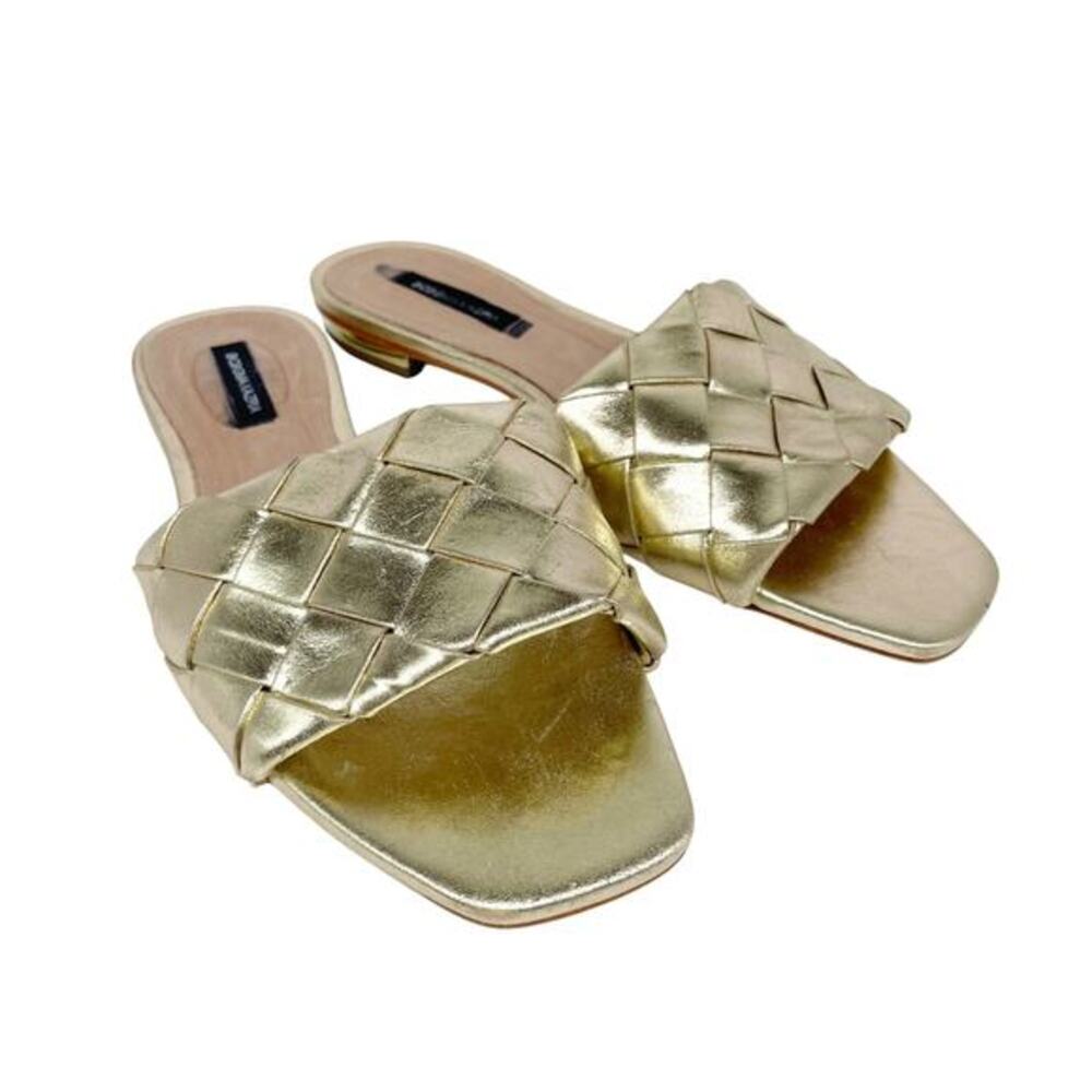 BCBGMaxAzria Women's Remi Gold Woven Leather Slide Sandals Size 7.5